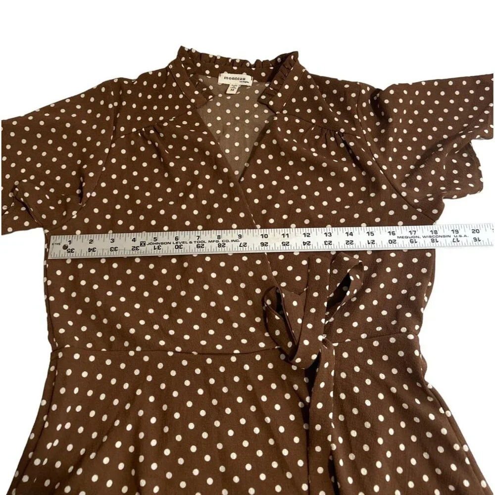 Monteau Brown Polka Dot Wrap Blouse Short Sleeve Lightweight Ruffled Collar Med - Picture 5 of 6